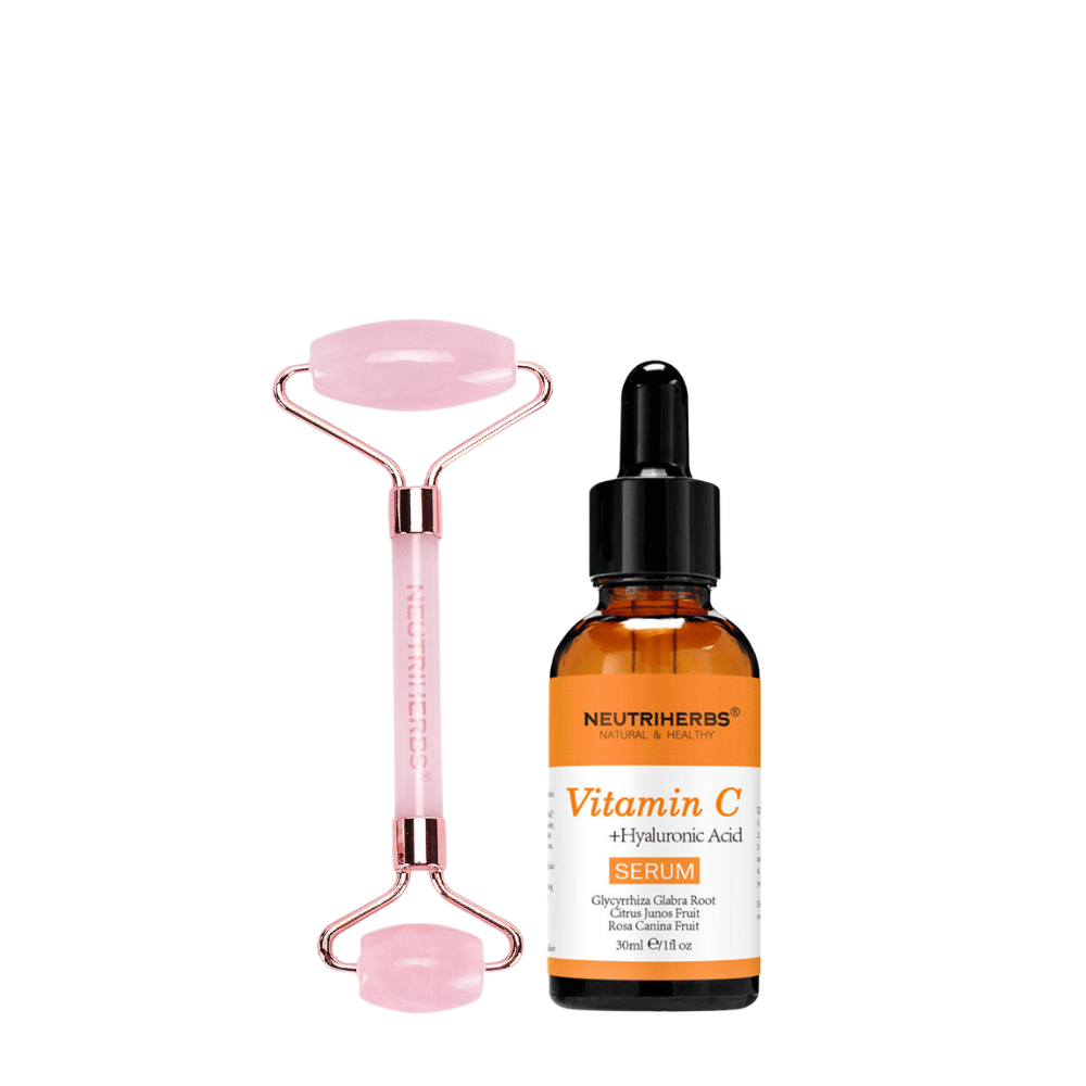 Face Massage Roller Glow Kit mit Rosenquarzroller und Vitamin C Serum