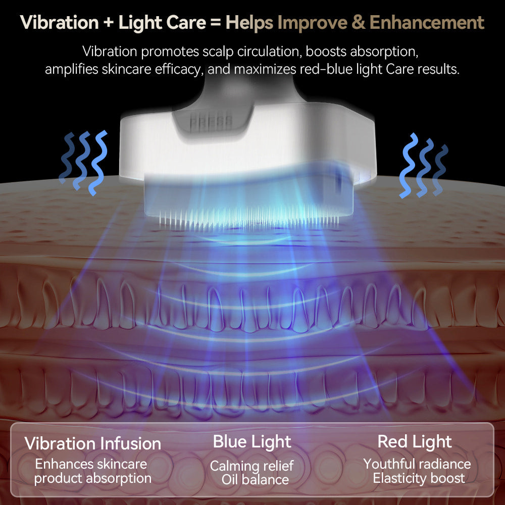 Bio Pen Bio 6 kombiniert Vibrationstherapie und blau/rote LED-Lichtbehandlung für verbesserte Produktabsorption, beruhigende Wirkung und erhöhte Elastizität.