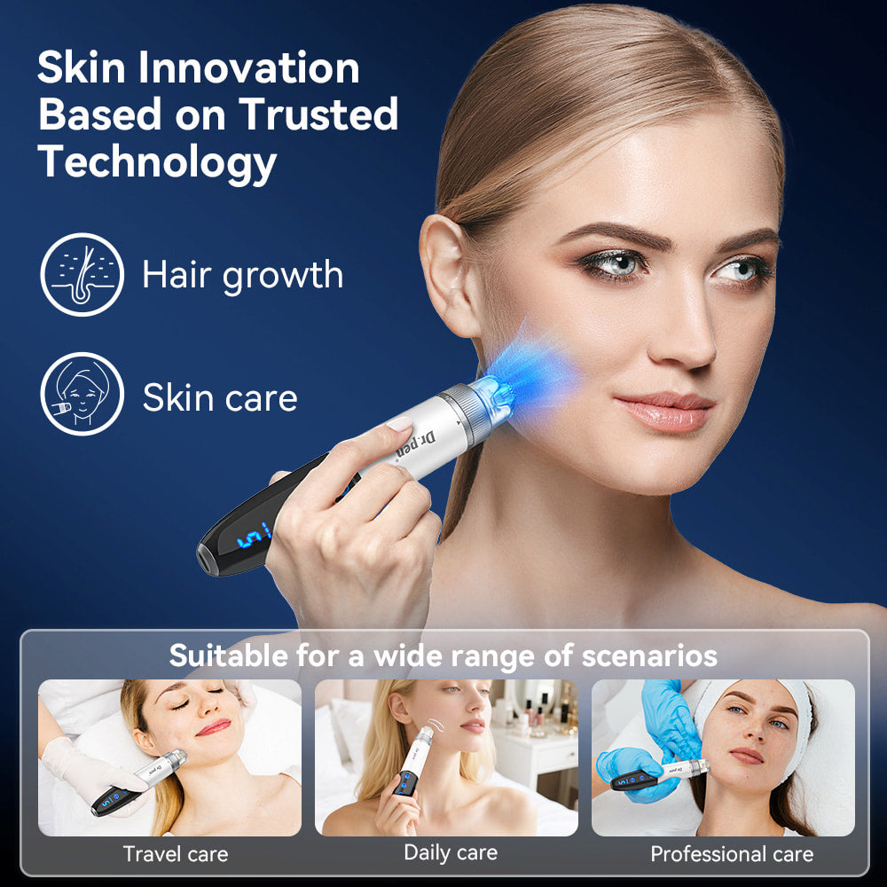 Frau benutzt Bio Pen Q1S microneedling mit blauem LED-Licht für Hautpflege und Haarstimulation, mit Beispielen für den Einsatz auf Reisen, tägliche Pflege und professionelle Behandlung.