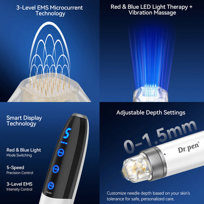 Bio Pen Q1S microneedling mit 3-Stufen EMS-Mikrostrom, rotem und blauem LED-Licht, intelligentem Display sowie einstellbarer Nadeltiefe 0-1,5 mm für fortgeschrittene Hautbehandlung.