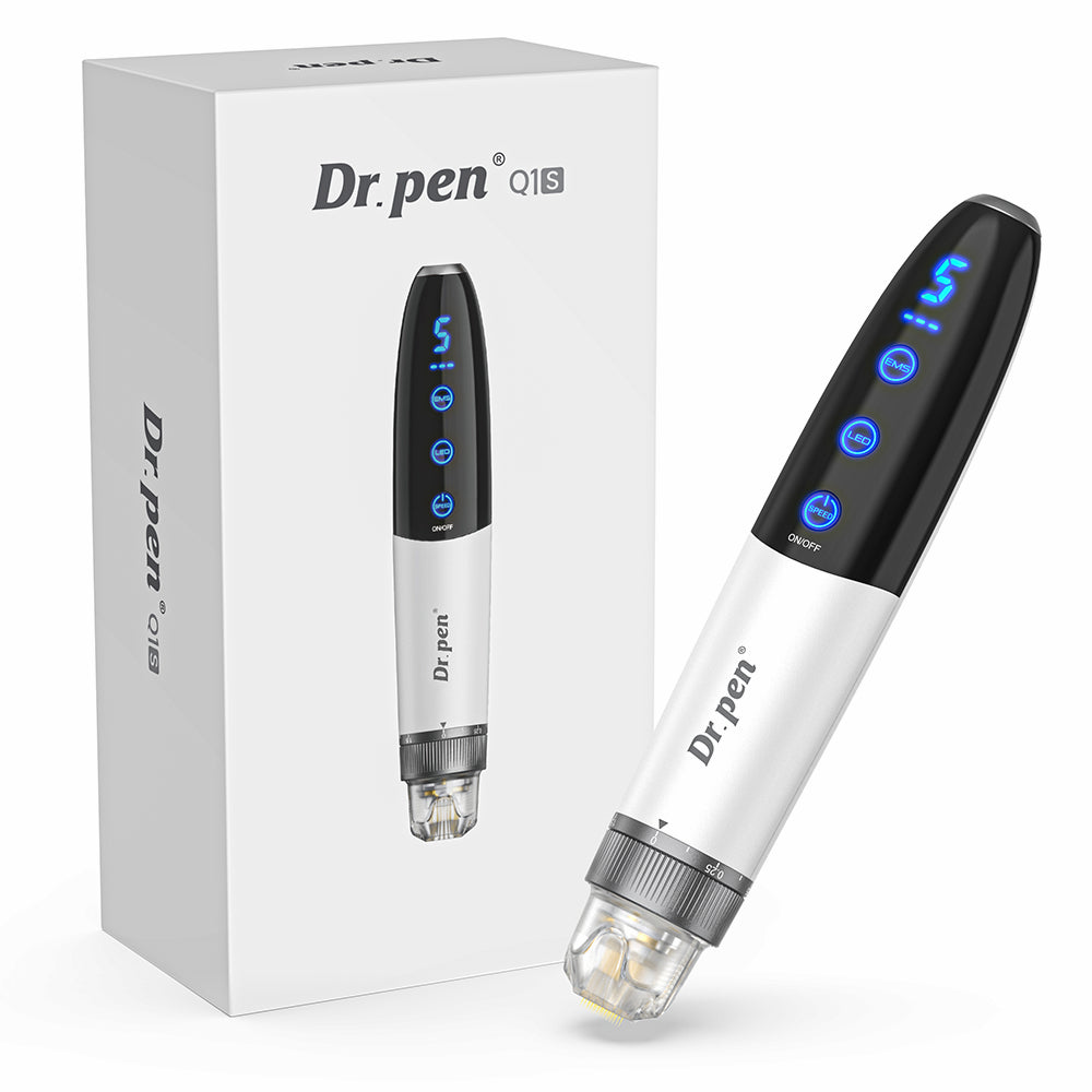 Bio Pen Q1S microneedling-Stift mit LED- und EMS-Funktionen, gezeigt zusammen mit der Produktverpackung für professionelle Hautbehandlung.
