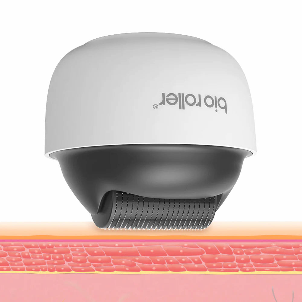 Bio Roller G4 microneedling-Rolle, die zeigt, wie die Mikronadeln die Hautoberfläche durchdringen, um Kollagen zu stimulieren und die Hautstruktur zu verbessern.