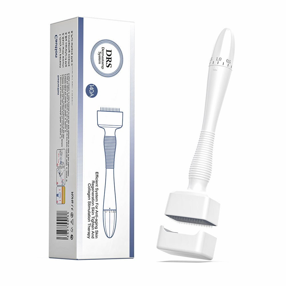 Dermastamp DRS 140A microneedling-Stempel mit Schutzhülle und Originalverpackung, ideal für die Behandlung von Narben, feinen Linien und Hautverjüngung.