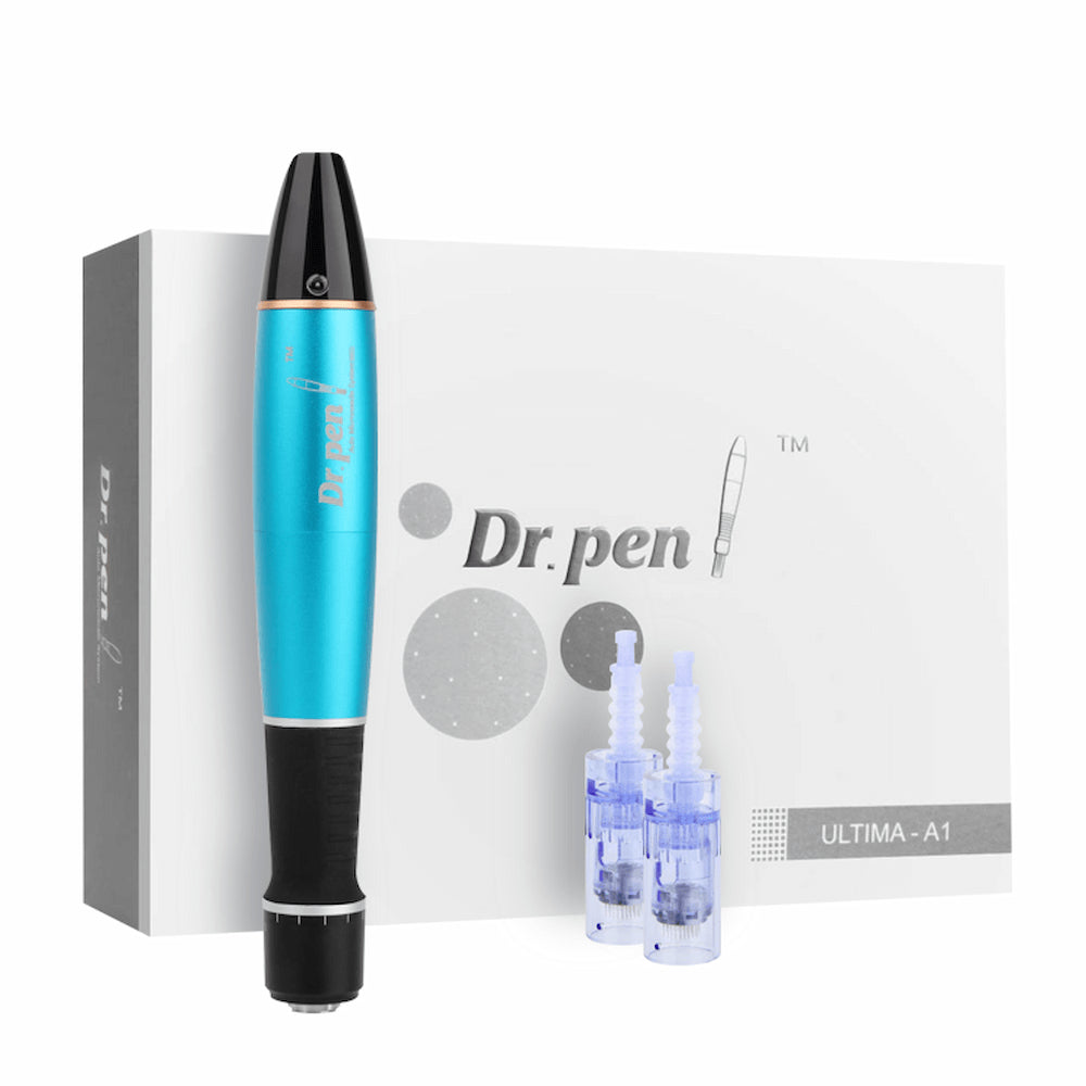 Dr. Pen Ultima A1 microneedling-Stift in Blau mit zwei sterilen Nadelköpfen und Originalverpackung – professionelles microneedling-Kit für Hautverjüngung.