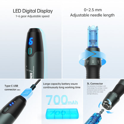 Dr. Pen A20 microneedling-Stift mit LED-Display, einstellbarer Nadeleintauchtiefe 0–2,5 mm, Typ-C-Ladung, 700 mAh Batterie und stabilem 3L-Anschluss für sicherere Behandlung.