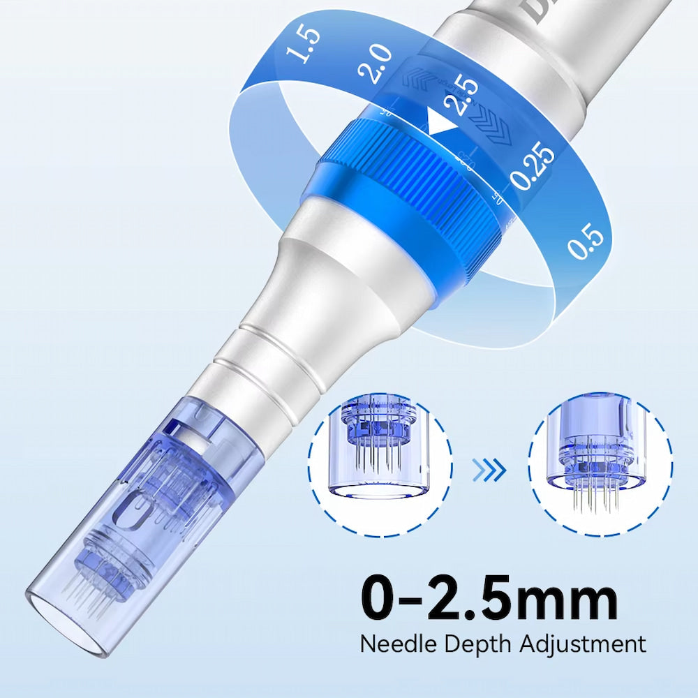 Dr. Pen A6 mit blauer Nadelpatrone, die einstellbare Nadeltiefe von 0 bis 2,5 mm für maßgeschneiderte Mikronadelung zeigt.