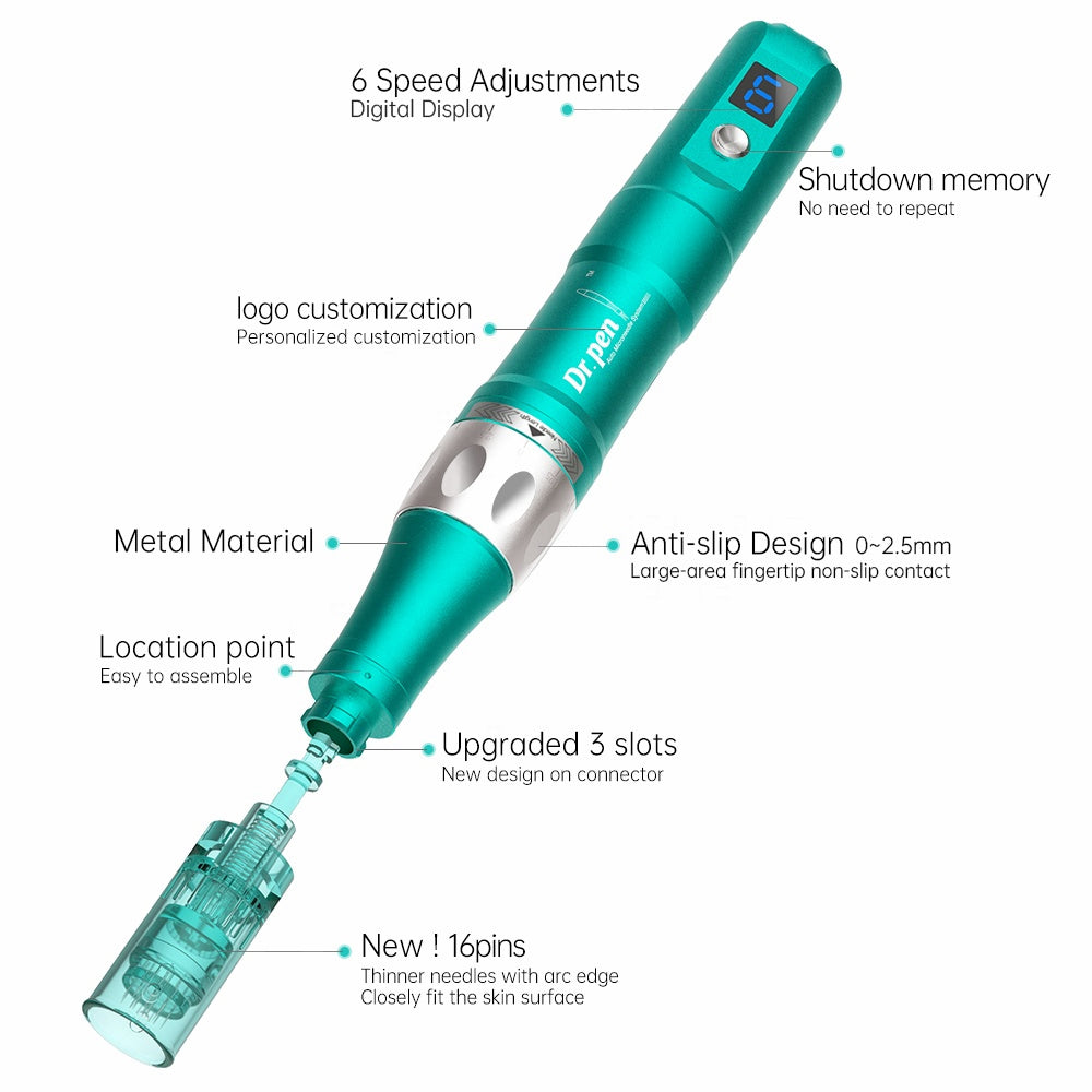 Übersichtsbild von Dr. Pen A6S zeigt sechs Geschwindigkeitsstufen, Metallgehäuse, Anti-Rutsch-Design, Speicherfunktion beim Ausschalten, Logo-Personalisierung, verbesserte 3-Spur-Verbindung und neues 16-Nadel-Kopf.