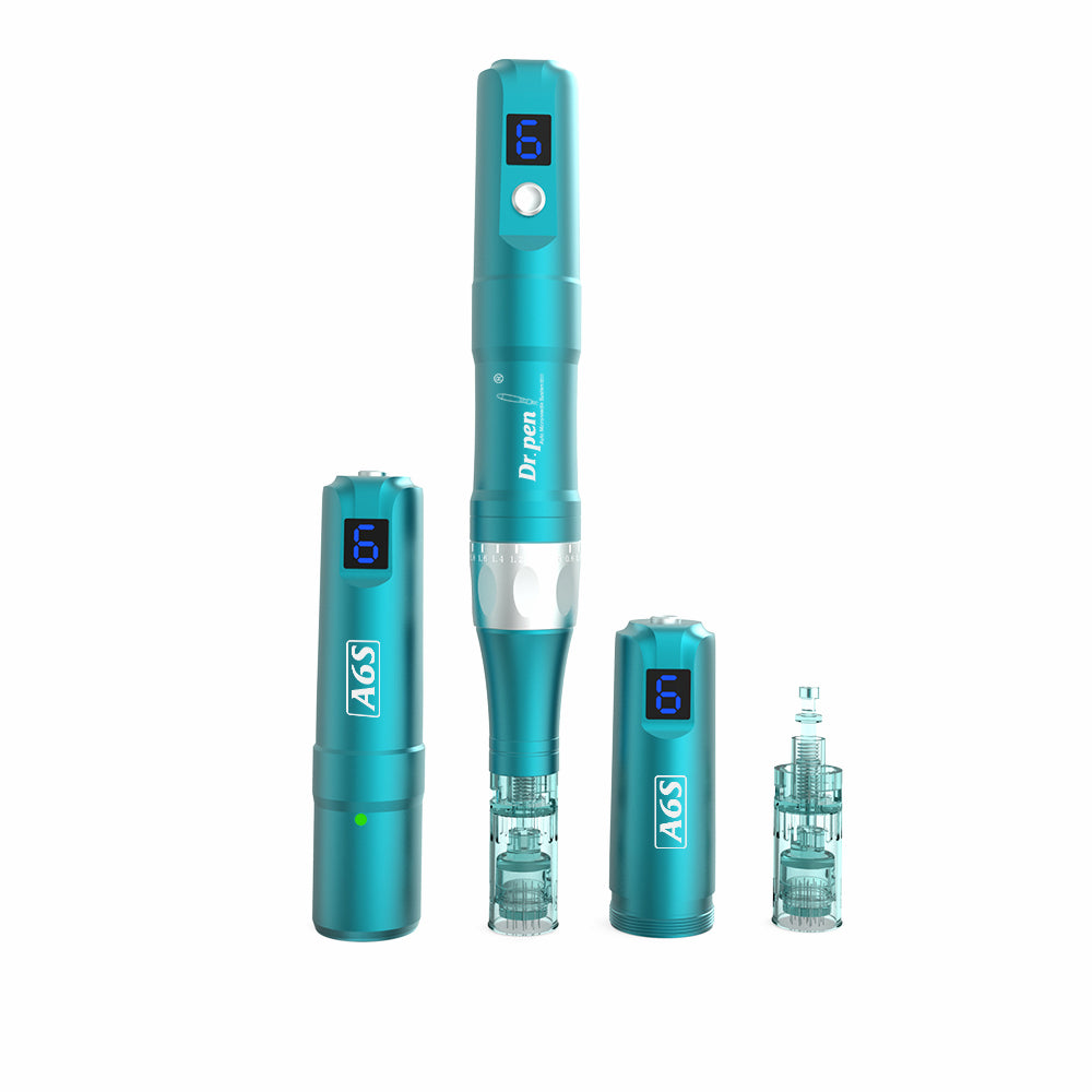 Dr. Pen A6S Mikronadelstift in Türkis mit digitaler Anzeige, abnehmbaren Batterieteilen und Nadelköpfen als komplettes Kit für professionelle Hautbehandlung.