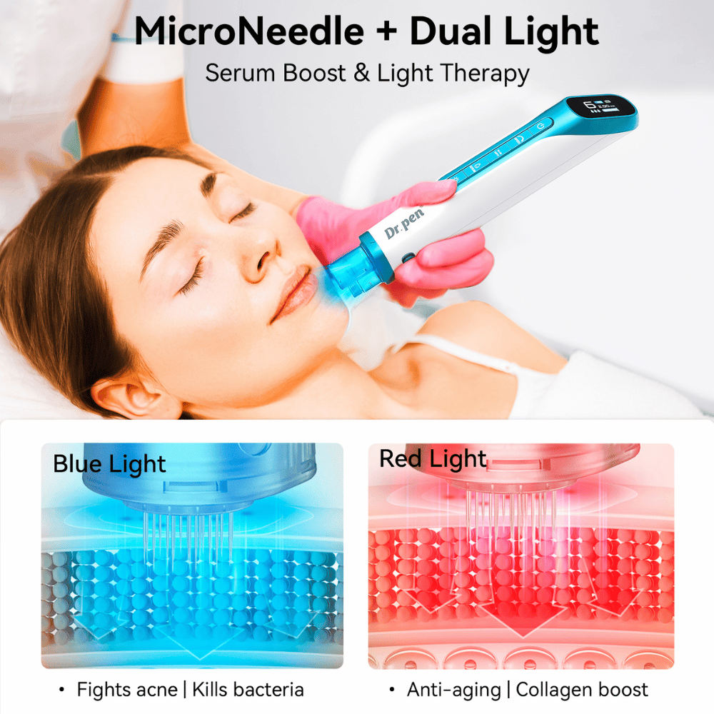 Dr. Pen H6 Microneedling-Stift mit rotem und blauem LED-Licht zur Hautbehandlung.
