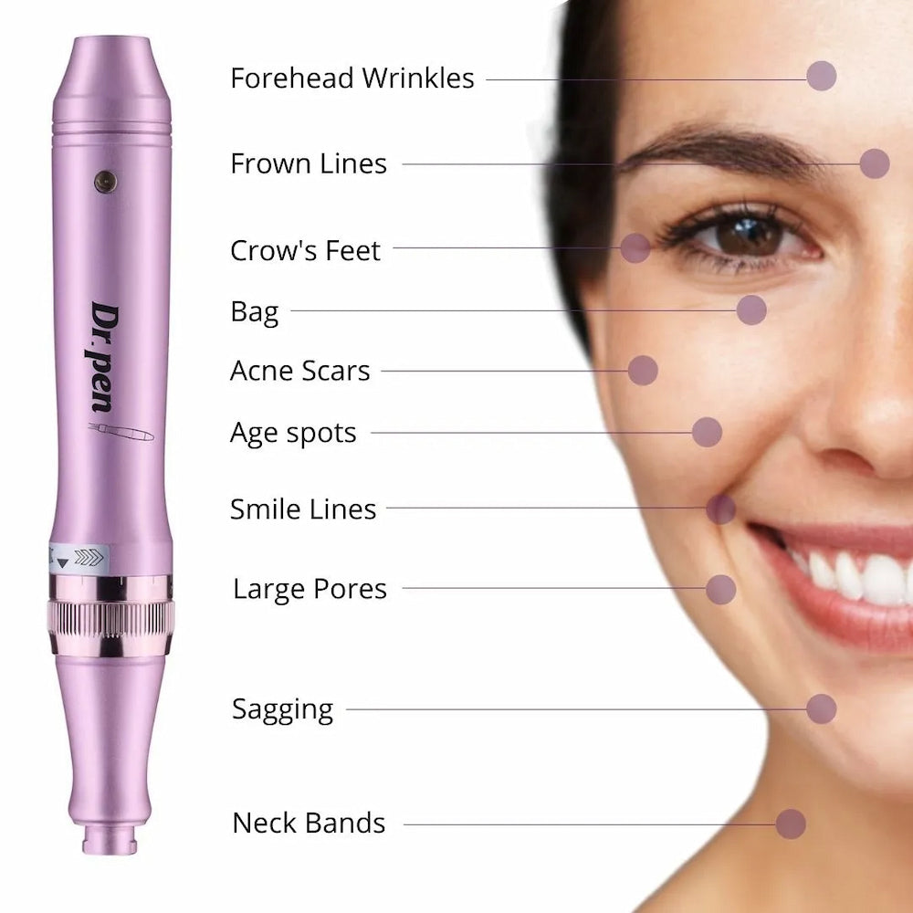 Dr. Pen M7 microneedling-Stift, der übliche Gesichtsbereiche für Behandlungen zeigt, einschließlich Stirnfalten, Linien zwischen den Augenbrauen, Krähenfüße, Tränensäcke, Aknenarben, Pigmentflecken, Nasolabialfalten, große Poren, Hauterschlaffung und Halslinien.