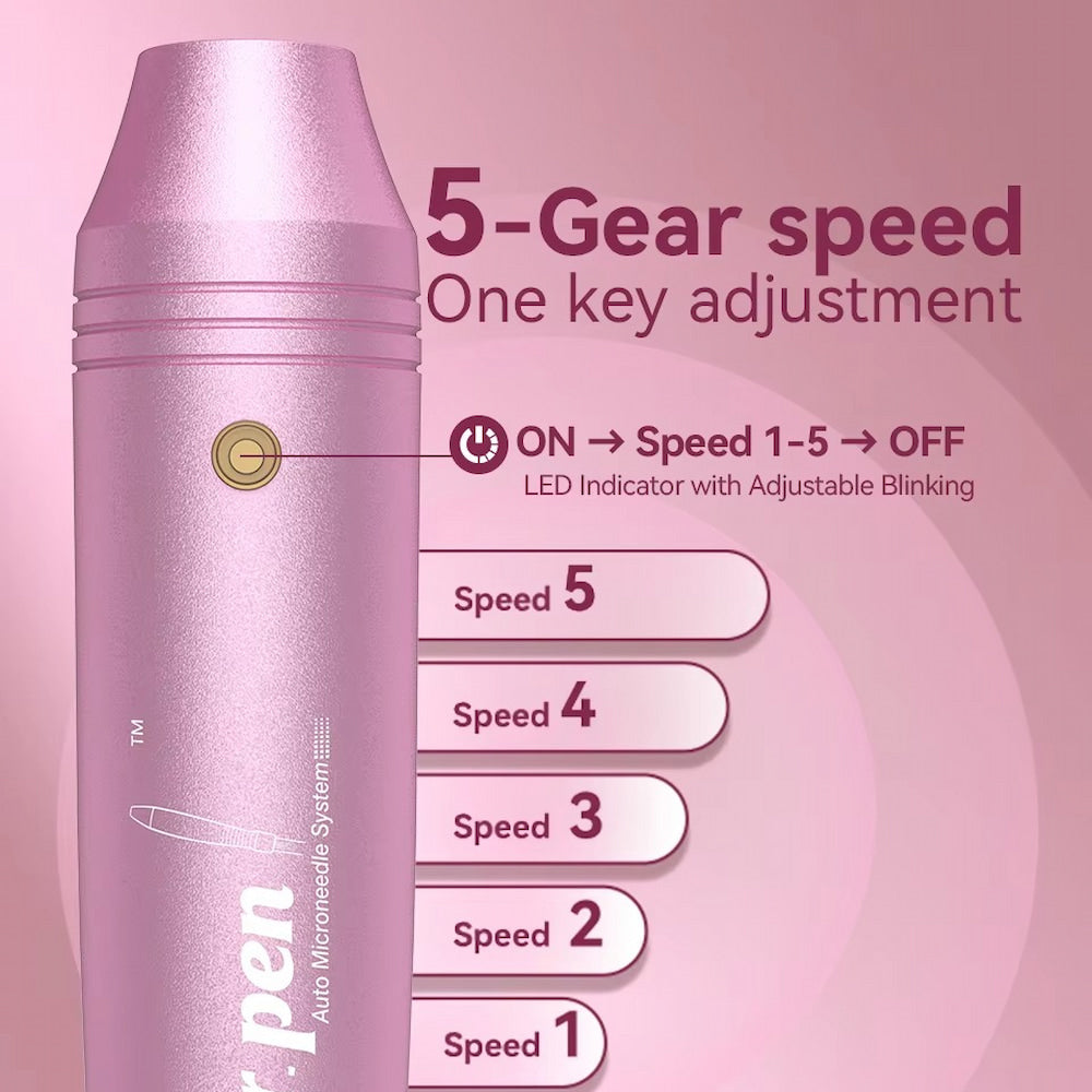 Dr. Pen M7 microneedling-Stift in Rosa mit fünf einstellbaren Geschwindigkeiten und LED-Anzeige für einfache Geschwindigkeitskontrolle während der Hautbehandlung.