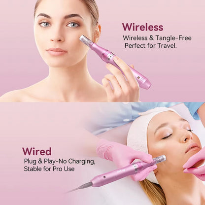 Eine Frau verwendet einen rosa, kabellosen Dr. Pen M7 microneedling-Stift auf der Haut. Der Text beschreibt, dass er kabellos, verwicklungsfrei und perfekt für Reisen geeignet ist. Unteres Bild: Ein Behandler führt eine Gesichtsbehandlung bei einem Kunden mit der kabelgebundenen Version desselben Stifts durch, die einen stabilen Betrieb ohne Ladebedarf bietet.