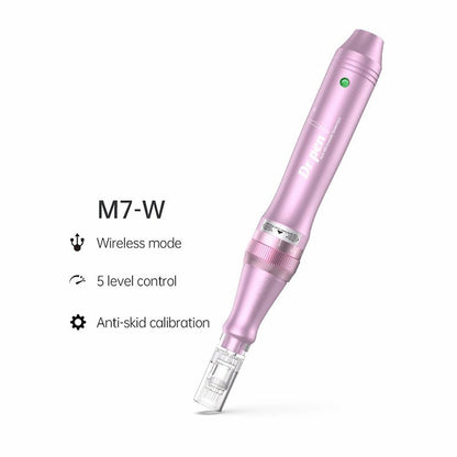 Dr. Pen M7-W kabelloser microneedling-Stift in Rosa mit fünf Geschwindigkeitsstufen und Anti-Rutsch-Kalibrierung für professionelle Hautbehandlung.