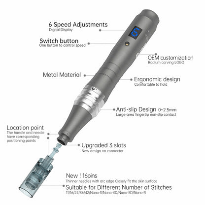 Übersichtsbild von Dr. Pen M8 mit Markierungen, die Funktionen wie 6 Geschwindigkeitsstufen, ergonomisches Design, Metallgehäuse, Anti-Rutsch-Griff und verbesserte Nadelpatrone mit 3-Spur-Anschluss zeigen.