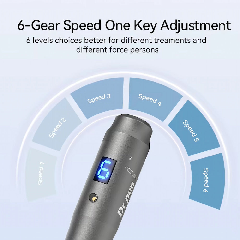 Dr. Pen M8 microneedling-Stift, der sechs Geschwindigkeitsstufen und digitale Anpassung mit einem Knopfdruck zeigt.