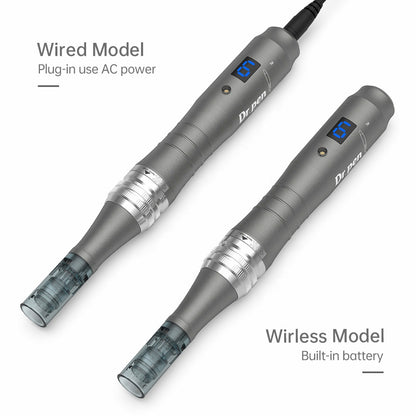 Vergleich zwischen Dr. Pen M8 Kabelmodell mit Kabel und dem kabellosen Modell mit eingebautem Akku, beide mit montiertem Nadelkopf.