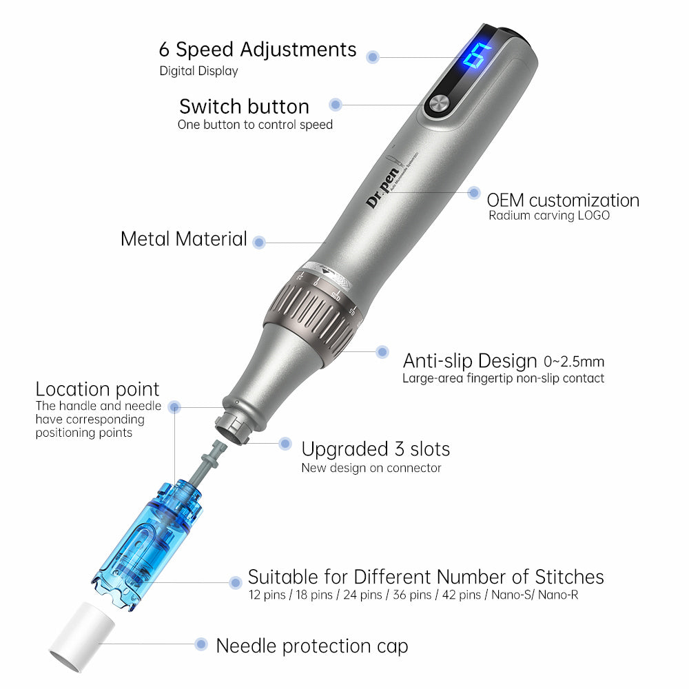 Dr. Pen microneedling-Stift mit digitaler Geschwindigkeitsanzeige, Nadelmodul, Anti-Rutsch-Design und einstellbarer Nadeltiefe bis zu 2,5 mm.