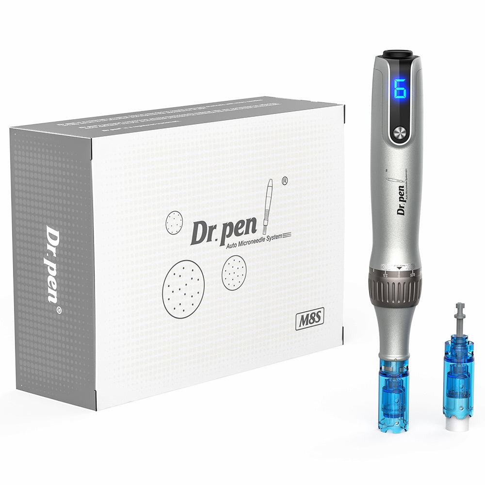 Dr. Pen M8S microneedling-Stift mit LED-Display, austauschbaren Nadelpatronen und kompletter Verpackung – professionelles Kit für fortgeschrittene Hautbehandlungen.