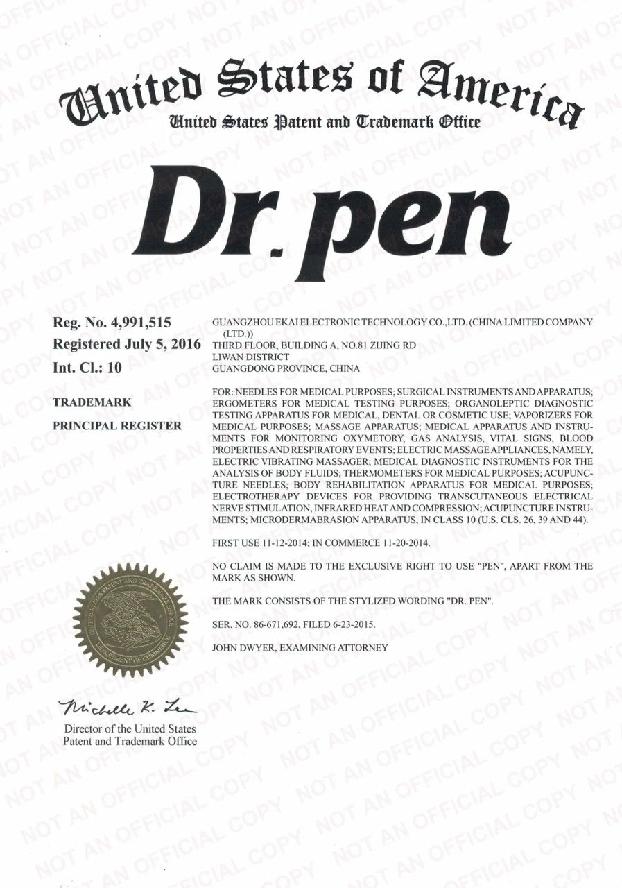 Offizielles Zertifikat des United States Patent and Trademark Office, das die Registrierung der Marke Dr. Pen zeigt.
