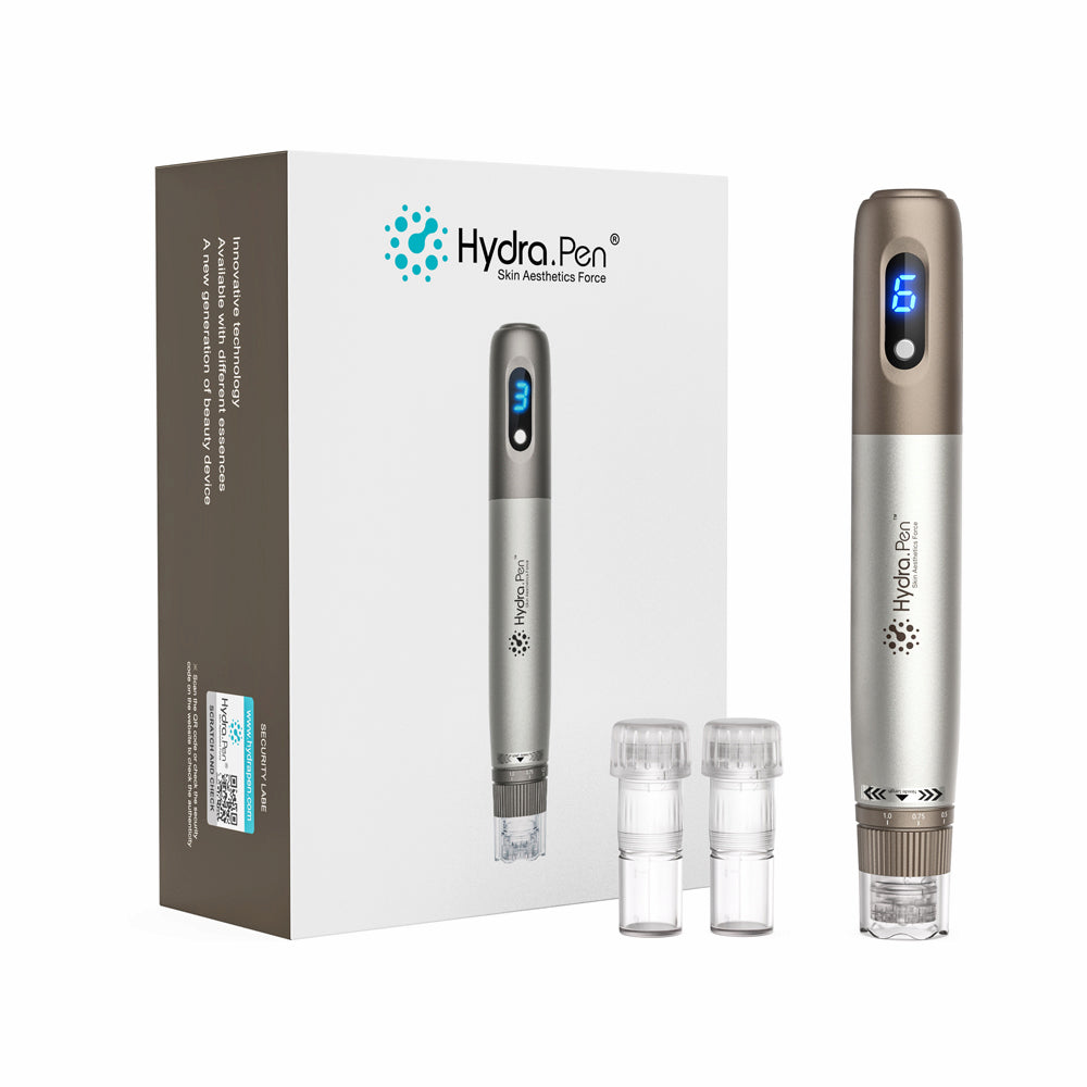 HydraPen h3 microneedling-Stift mit LED-Geschwindigkeitsanzeige, zwei Nadelpatronen und Verpackung – professionelles Gerät für Hautbehandlung und Serumapplikation.