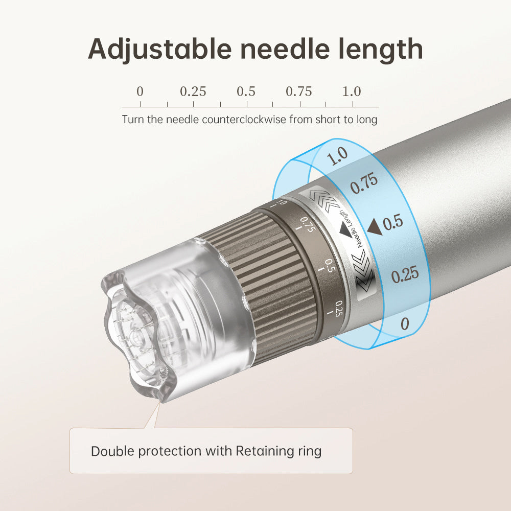 HydraPen h3 mit einstellbarer Nadeltiefe von 0 bis 1,0 mm und doppeltem Schutz mit Sicherheitsring für präzise und sichere microneedling.