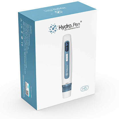 HydraPen H5 Verpackung zeigt den weißen und blauen microneedling-Stift für Seruminfusion und fortschrittliche Hautbehandlung.