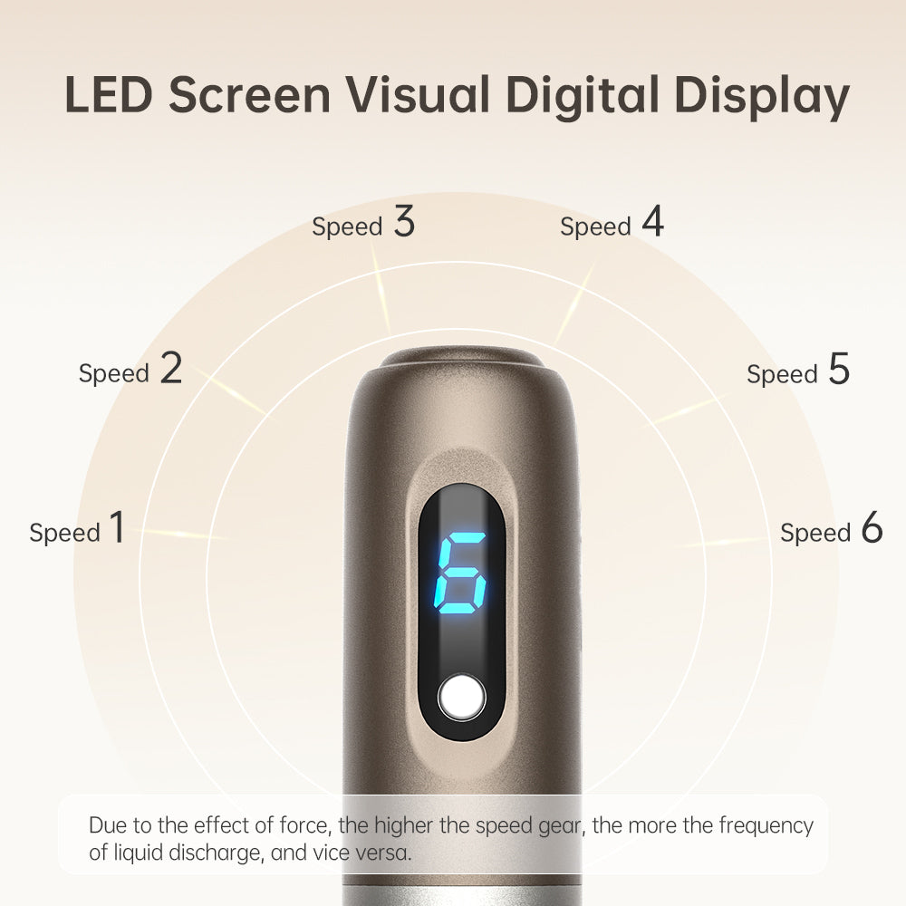 Nahaufnahme eines microneedling-Griffs, der ein blaues LED-Display mit Geschwindigkeitsstufe 6 zeigt, umgeben von grafischen Markierungen für Geschwindigkeit 1 bis 6 sowie Text darüber, wie höhere Geschwindigkeit schnelleren Flüssigkeitsfluss ermöglicht.