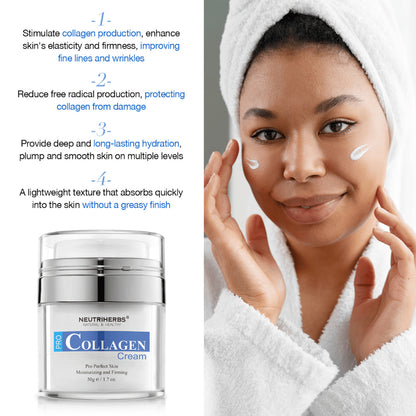 Neutriherbs Pro Collagen Cream 50 g feuchtigkeitsspendende Gesichtscreme mit Kollagen. Bild, das die auf die Haut aufgetragene Creme zeigt und die Eigenschaften des Produkts hervorhebt: stimuliert die Kollagenproduktion, trägt zu festerer Haut bei, spendet langanhaltende Feuchtigkeit und zieht schnell ein, ohne sich fettig anzufühlen.